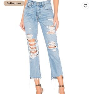 GRLFRND high rise ripped leg boyfriend jeans
